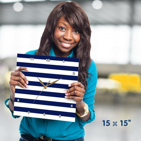 3dRose, Navy Blue and White Stripes, 15x15 Wall Clock