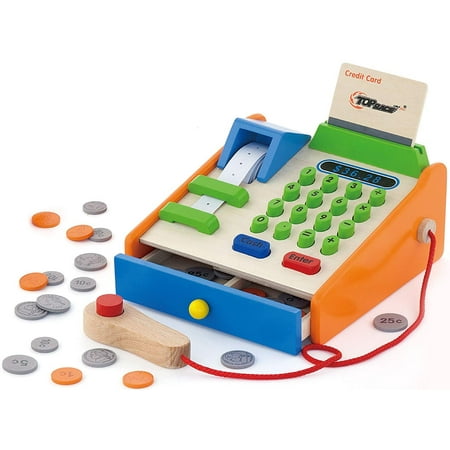 - Top Race 30 Piece Wooden Toy Cash Register, Natural Solid Wood Cash Register with Play Toy Wooden Replica US Coins, Scanner, and Credit Card, Grocery Role Play Educational Pretend Toy Set