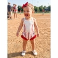thumbnail image 3 of Baby Girl Summer Outfit Cute Baseball Print Sleeveless Romper Bodysuit + Ruffle Bloomers Shorts + Headband 3Pcs Set Game Day Clothes 0-18M, 3 of 9