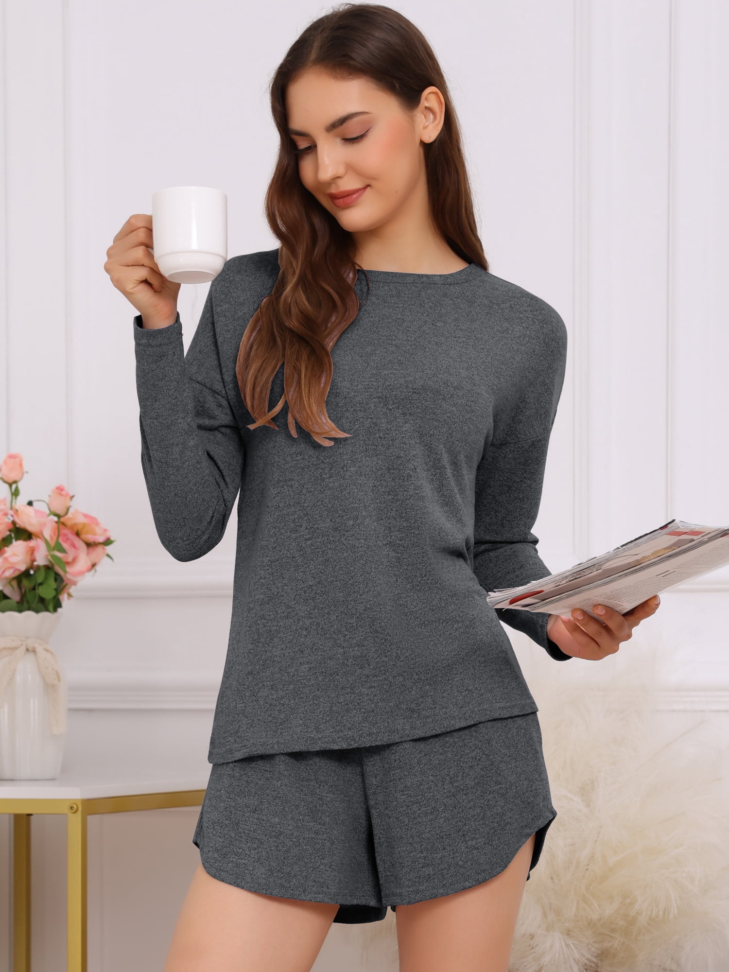 DARING DIVA Women's Long Sleeve Elastic Waistband Top and Shorts Loungewear XS Dark Gray