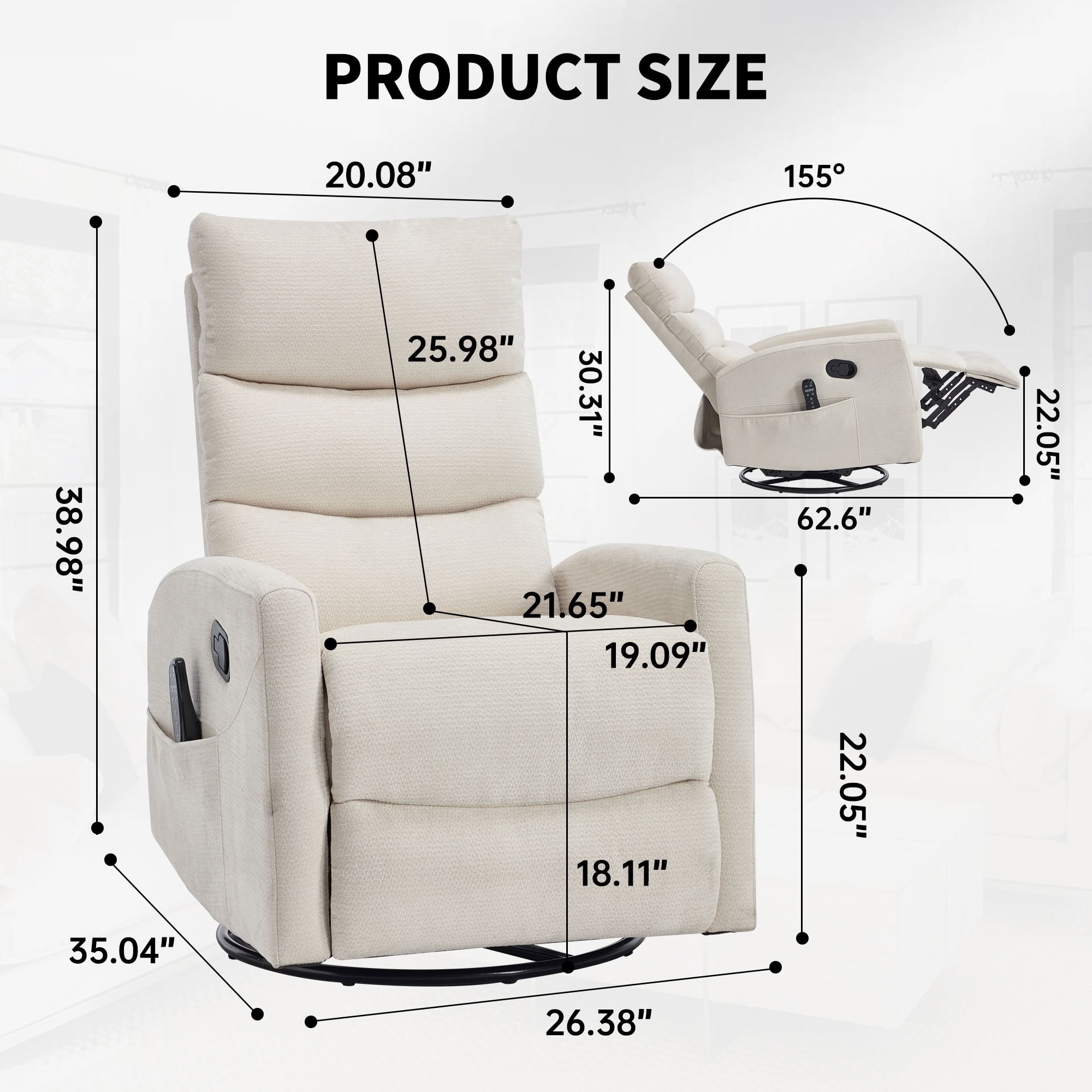 MAYEERTY 360 Degree Swivel Rocker Recliner Chair, Manual Recline Glider Chair with 8-Point Vibration Massage & Lumbar Heat, for Living Room Nursery Bedroom
