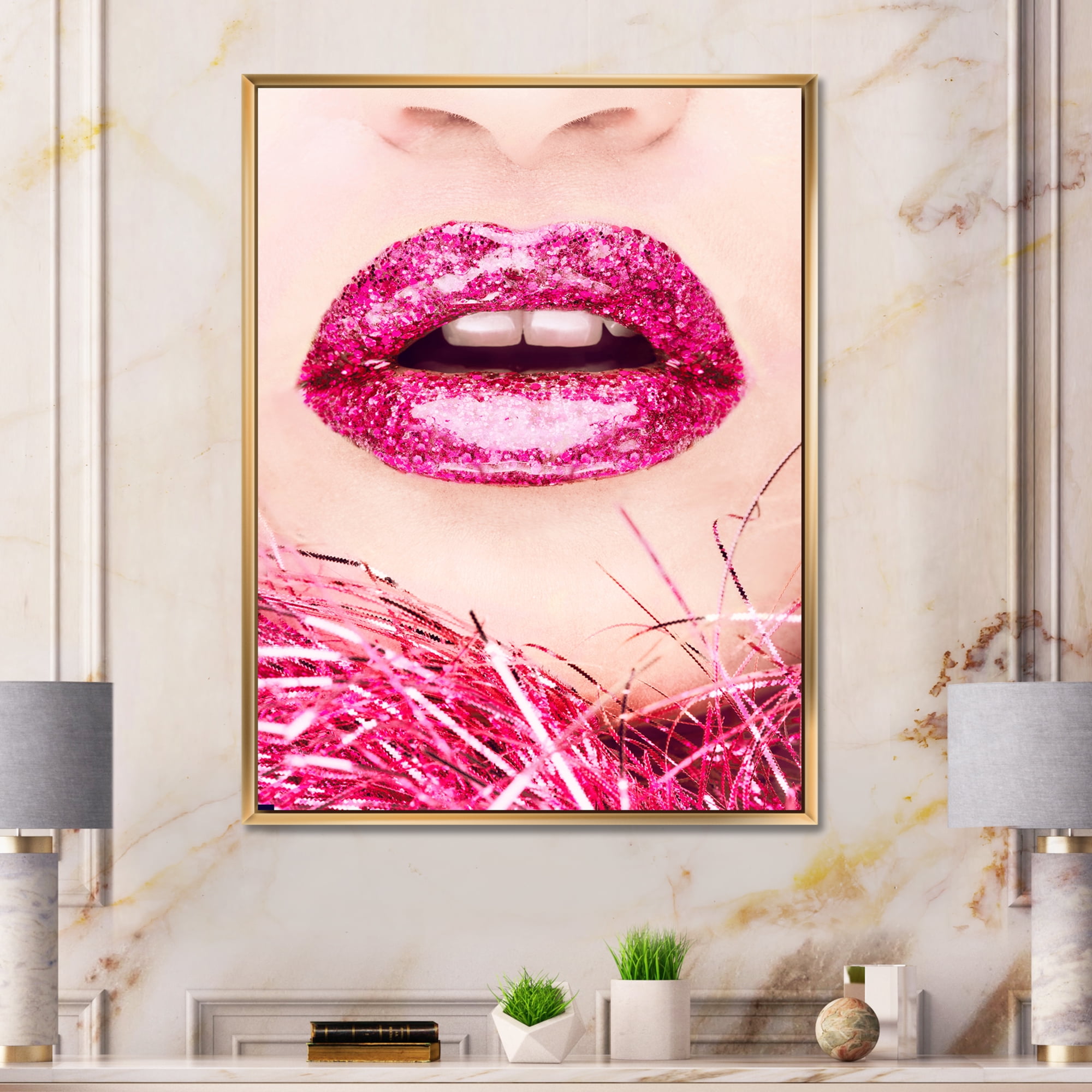 Close-Up Of Golden Female Lips II 12 in x 20 in Framed Photography Canvas Art Print, by Designart