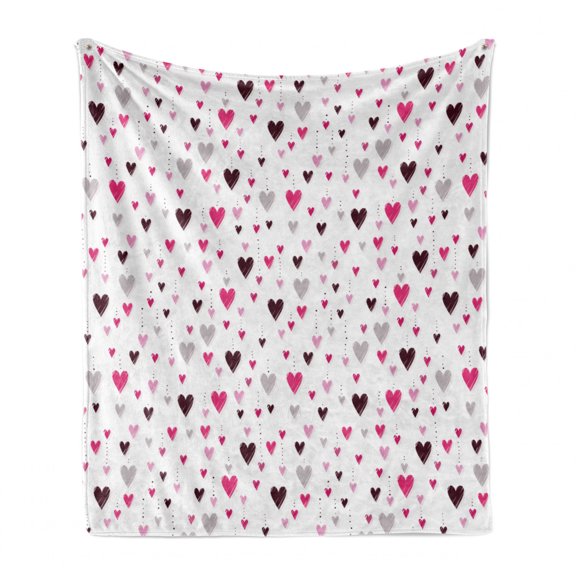 Hearts Soft Flannel Fleece Throw Blanket, Rhythmic Romance Beats Vertically Arranged Sketch Style Motifs Dots Pattern, Cozy Plush for Indoor and Outdoor Use, 50" x 70", White Multicolor, by Ambesonne