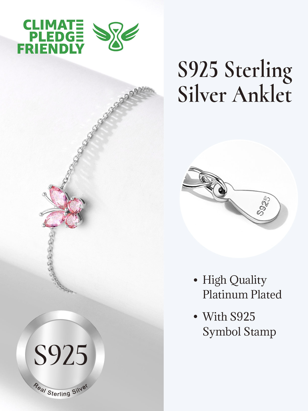 U7 Sterling Silver Anklet for Women Butterfly October Birthstone Foot Bracelet Summer Beach Holiday Jewelry Gift for Her Daughter Birthday