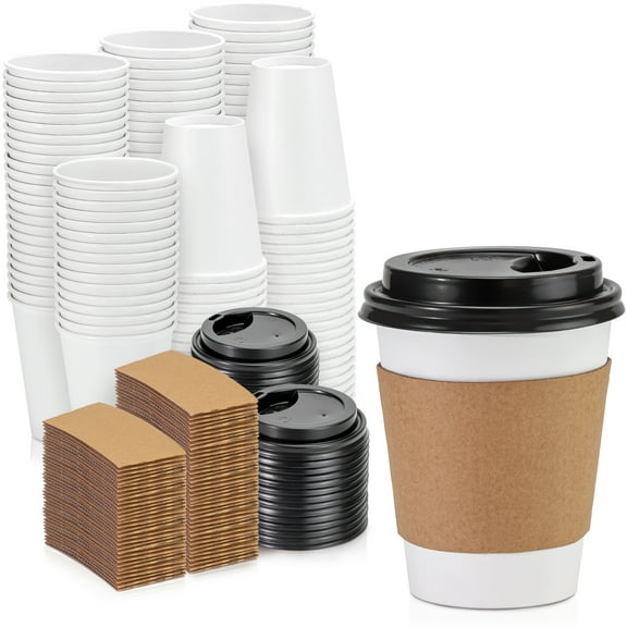 [500 Pack] 8 oz Hot Beverage Disposable White Paper Coffee Cup with Black Dome Lid and Kraft Sleeve Combo, XX Small