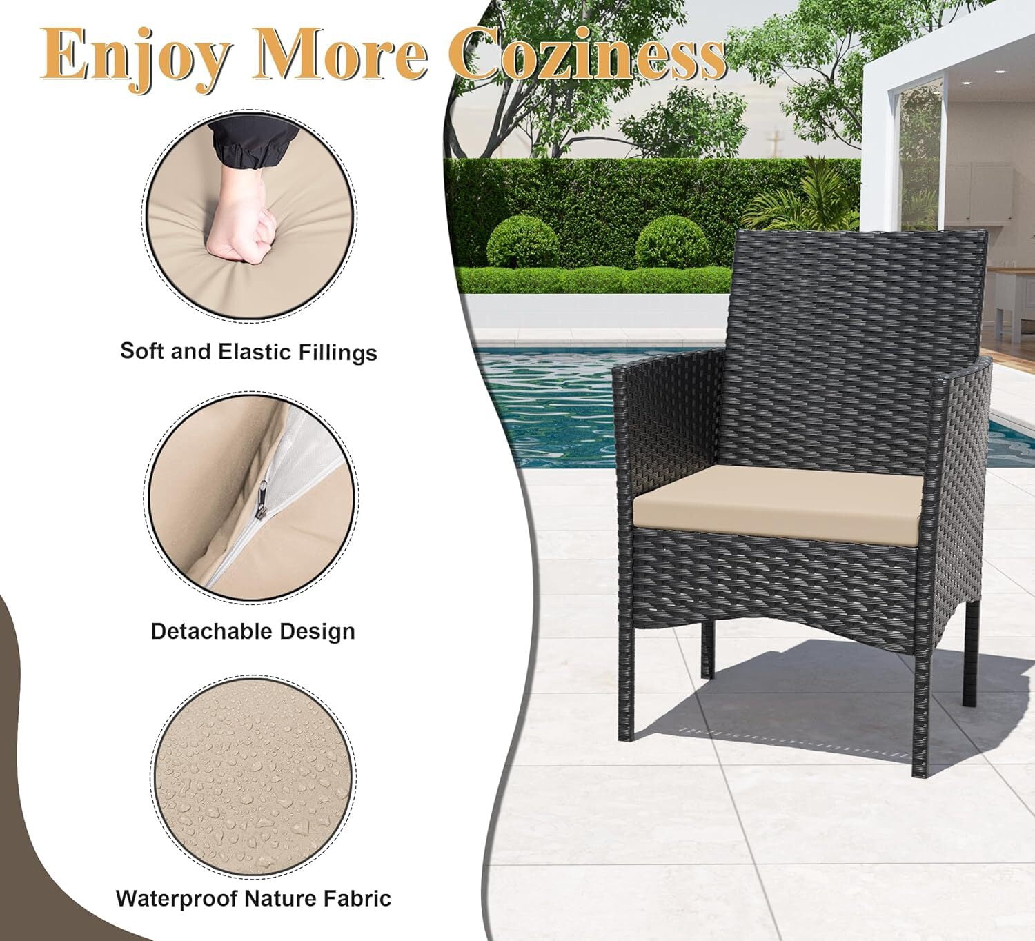 ASJMR 4 Pieces Outdoor Patio Furniture Sets Conversation Sets Rattan Chair Wicker Sets with Cushions & Tempered Glass Table for Patio Pool Backyard,Brown