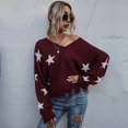 thumbnail image 2 of Star Pattern V Neck Long Sleeve Frayed Hem Sweater for Women, 2 of 3