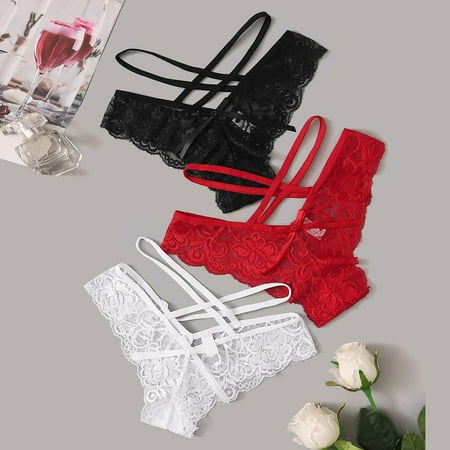 

Huachen 3PC Women Lace Flowers Low Waist Underwear Panties G-string Lingerie Thongs