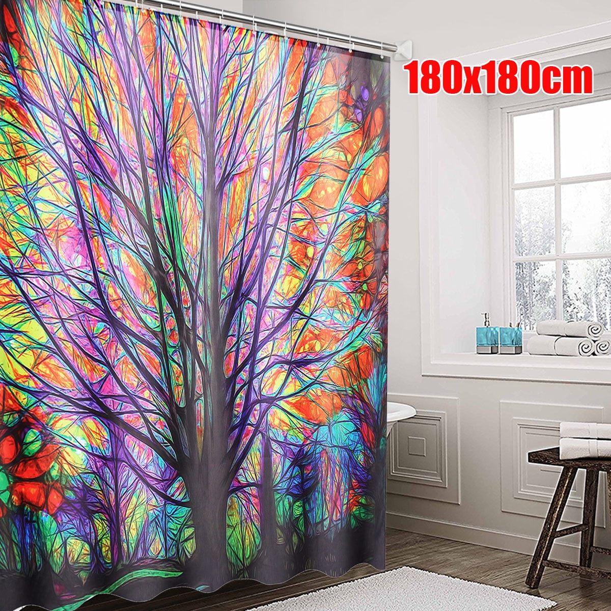 Shower Curtain With 12 Hooks Stylish Colorful Pattern Waterproof Fabric Bathroom
