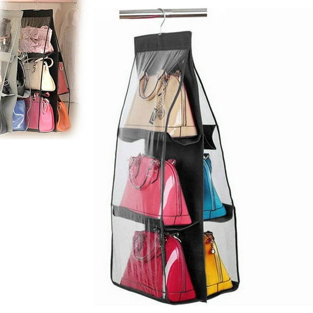 Eeekit 6 Pockets Handbag Storage Organizer Anti Dust Cover Large Clear Bag Purse Hanging Closet Rack Hangers Save Space Non Woven Closet Storage Holder Bag With 6 Easy Access Clear Pockets Black