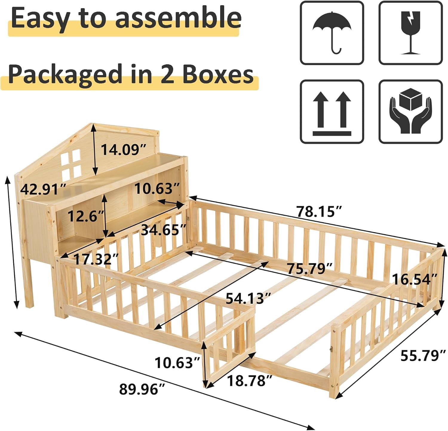 Mirightone Full Montessori Floor Bed with Storage Headboards and Guard rails, Montessori Bed Frame with Blackboards for Kids Teens, Natural