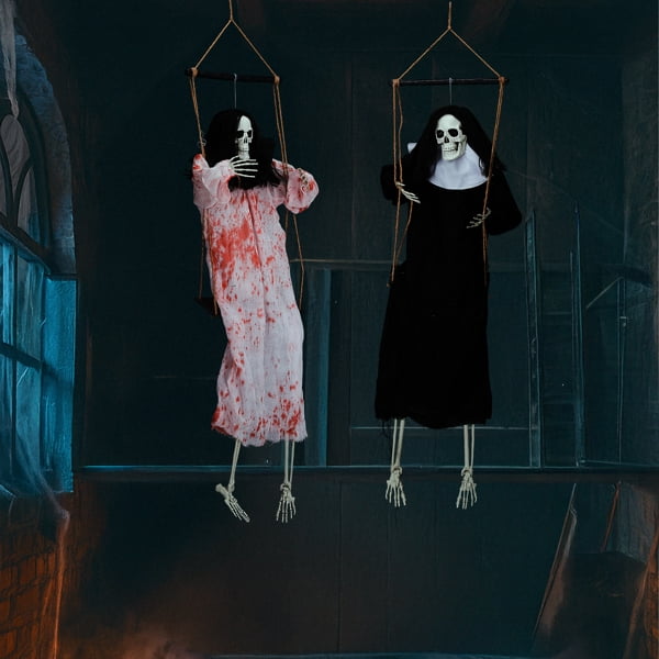Alvantor 2-Pack 3 ft Hanging Ghost Halloween Decorations with Red LED Eyes and Horror Sound, Black and White