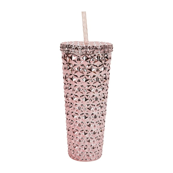 Holiday Time 26 oz Plastic Double Wall Insulated Textured Tumbler with Straw, Pink Metallic
