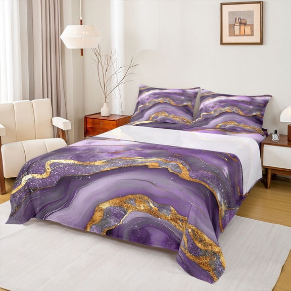 Feelyou Chic Glitter Marble Teens Twin Sheet Set, Abstract Ombre Plum Marbling Bedding
