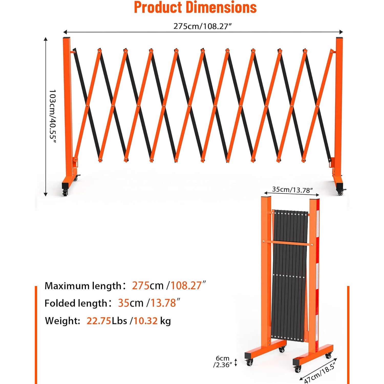 Easily Assembled Metal Expandable Barricade Gate,9FT Folding Safety Barrier Gate,Outdoor Flexible Mobile Barrier Gate,Orange