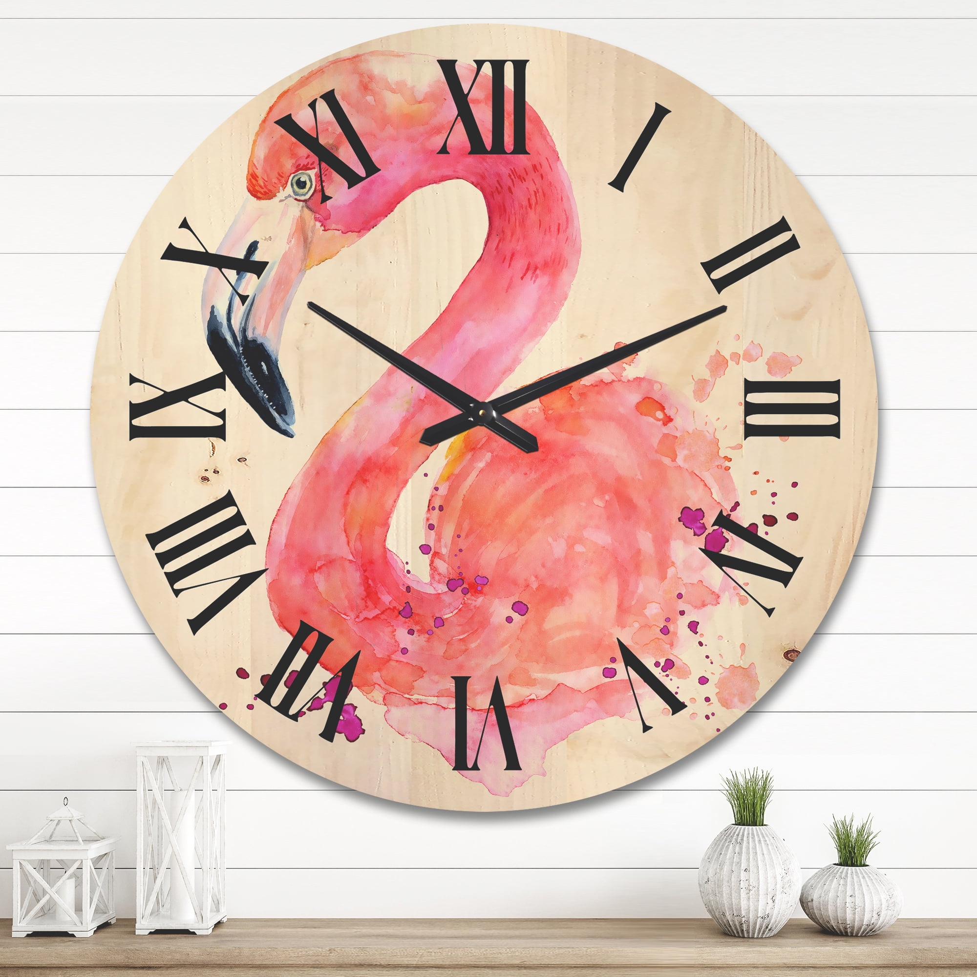 Designart 'Abstract Portrait of Pink Flamingo I' Farmhouse Wood Wall Clock