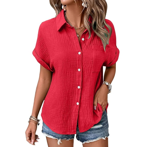 TTUHYWXI Womens Short Sleeve Cotton Button Down Up Shirt Collared V Neck Tops Shirts Blouses Dress for Women Western Wear (Red, M)
