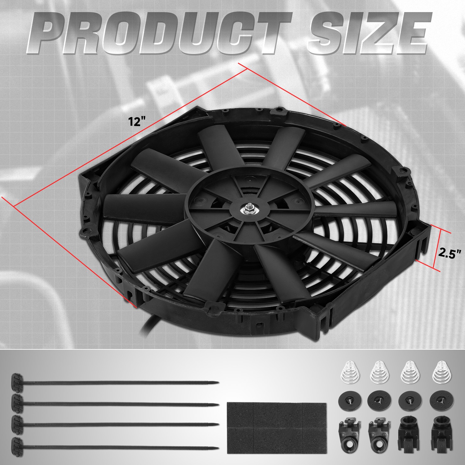 DNA Motoring 12 Inch Universal Slim Pull/Push Radiator Engine Bay Cooling Fan + Mounting Kit Black