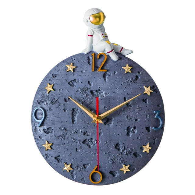 Space Theme Wall Clock, Astronaut Moon Wall Clock, 12 Inch Grey Modern Silent Clock for Kids Room Nursery Living Room Bedroom