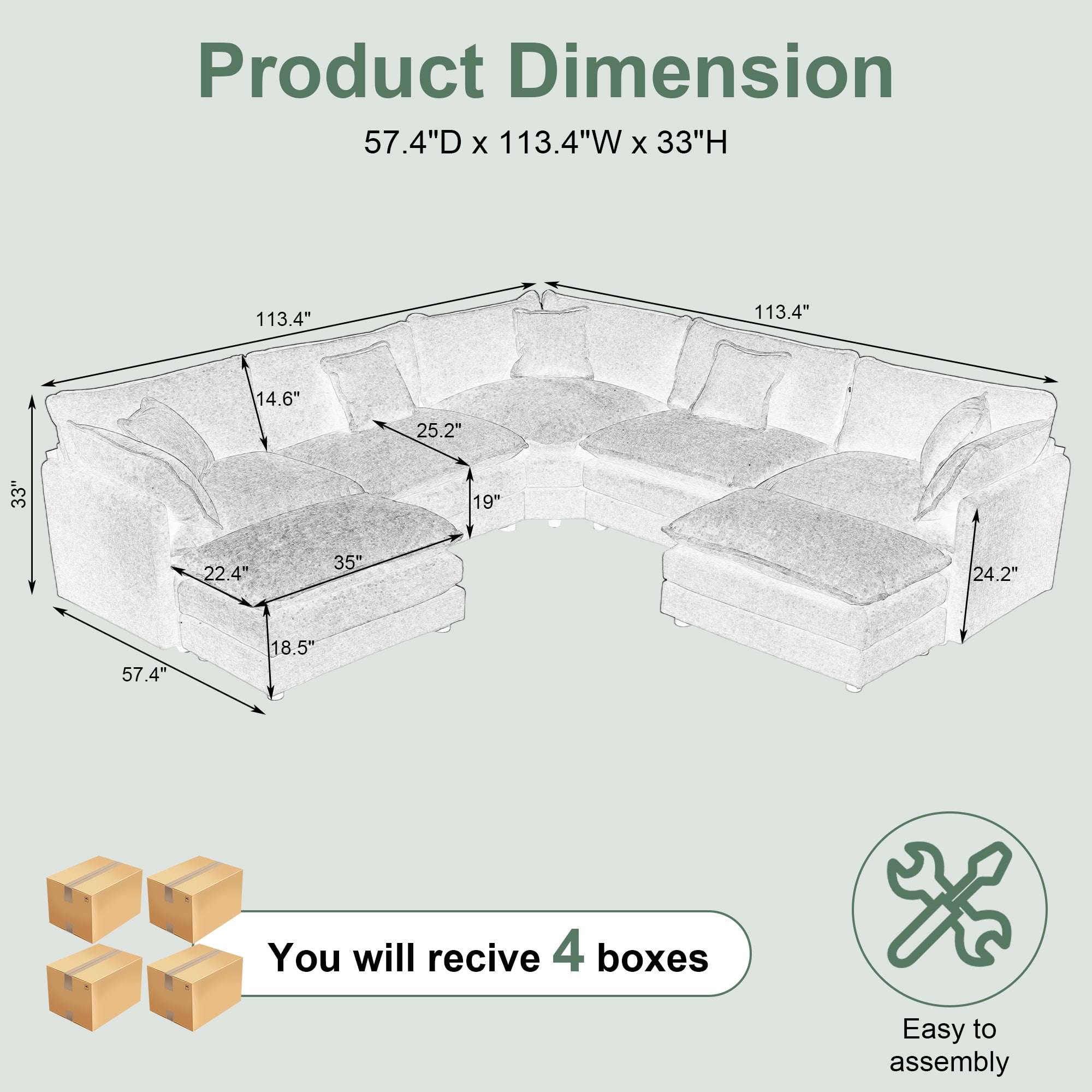 GNIXUU 113.4 " U-Shaped Cloud Couch ,Oversized Sectional Sofa with 2 Ottomans,Modern Chenille Deep Seat Modular 7-Seater Corner Couches for Living Room, Office,Green