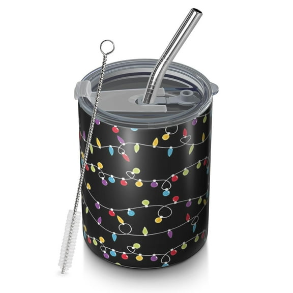 12oz Coffee Tumblers Multicolor Christmas Light Pattern Stainless Steel Vacuum Insulated Travel Tumbler Coffee Cups Mug with Lid and Straw with Cleaning Brush for Cold & Hot Drinks