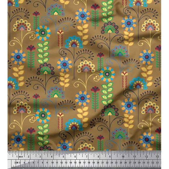 Soimoi Moss Georgette Fabric Leaves & Floral Clip Art Printed Craft Fabric by The Yard 42 Inch Wide