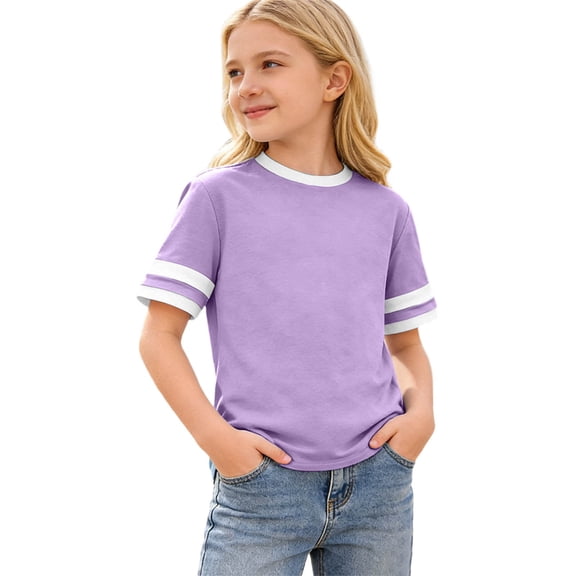 lnmuld Cute Tops for Girls Striped Short Sleeve Tee Casual Comfortable Blend Shirt for Everyday Play and School Wear Color:Purple,Size:6-7 Years