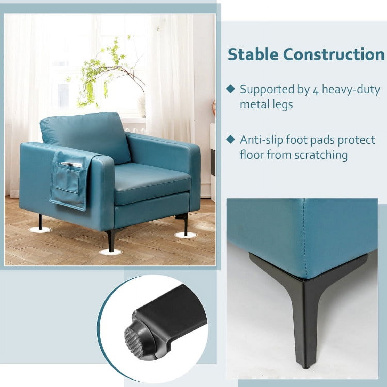 Finihen Upholstered Accent Armchair, Modern Accent Armchair with Side Storage Pocket, for Living Room, Bedroom, Blue