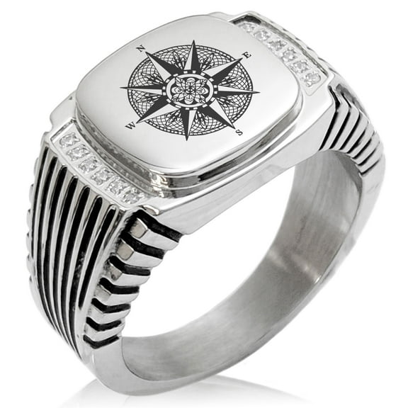 Stainless Steel Nautical Flower of Life Compass CZ Ribbed Needle Stripe Pattern Biker Style Polished Ring