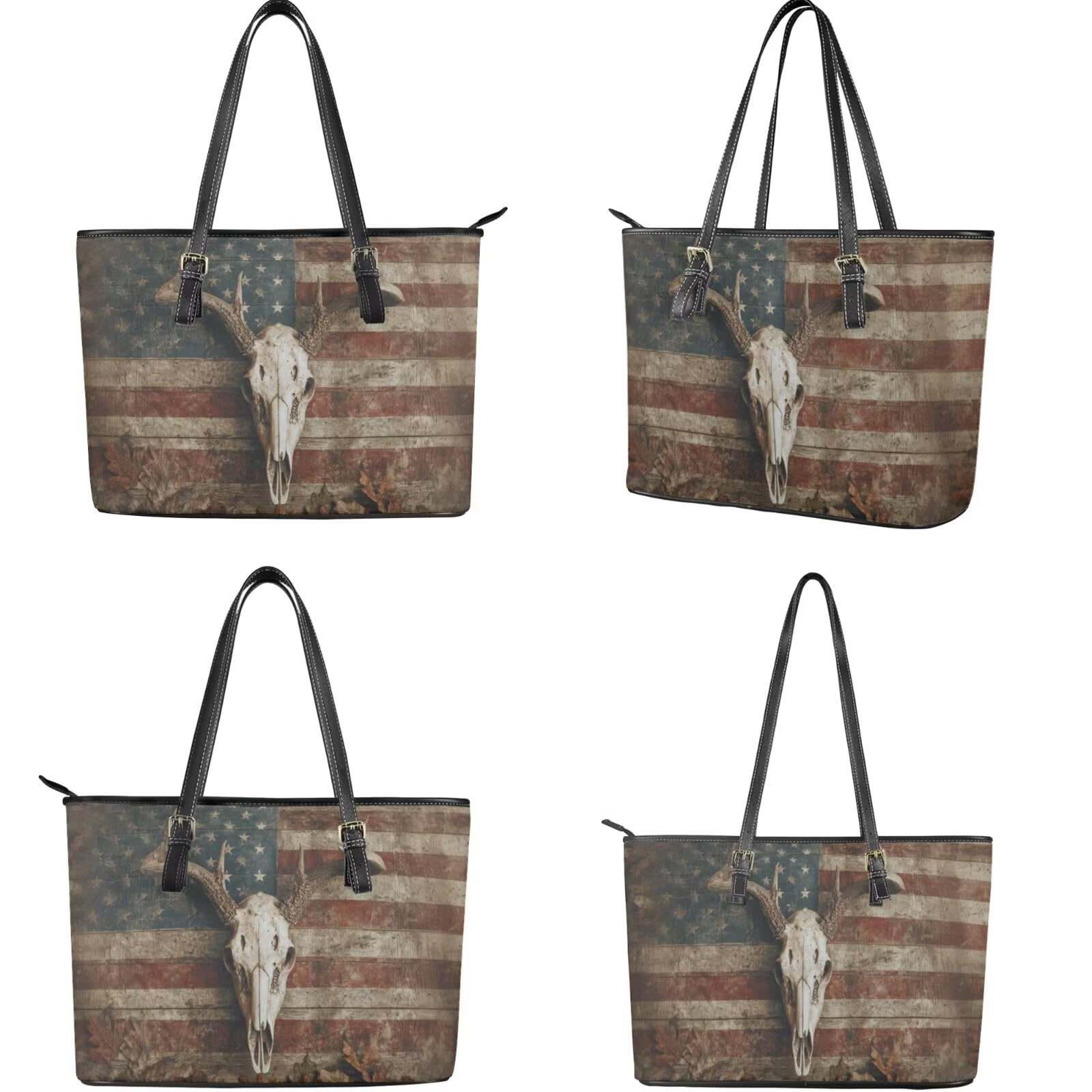 TSOVTHRID American Flag Deer Skull Print Handbag and Wallet Set Waterproof Tote Bag Top Handle Handbag with Matching Leather Wallet Large Capacity Shoulder Satchel Clutch Purse
