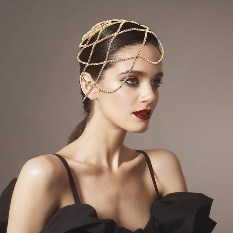 1920s Rhinestone Mesh Cap Gold Headchain Brides Prom Costume Hair Accessory Amazon.com : NAISKA 1920s Headpieces Rhinestone Mesh Cap  main image 4