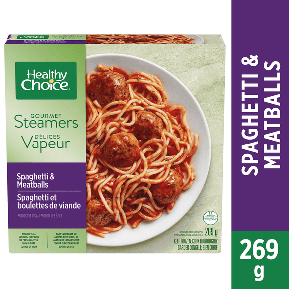 Spaghetti et boulettes de viande Healthy Choice Gourmet Steamers - Sans colorants, arômes ni agents de conservation artificiels, Teneur élevée en fibres - Source de fer, (1 x 269 g), Repas congelé HCGS SPAG MTBL GELEE 269G