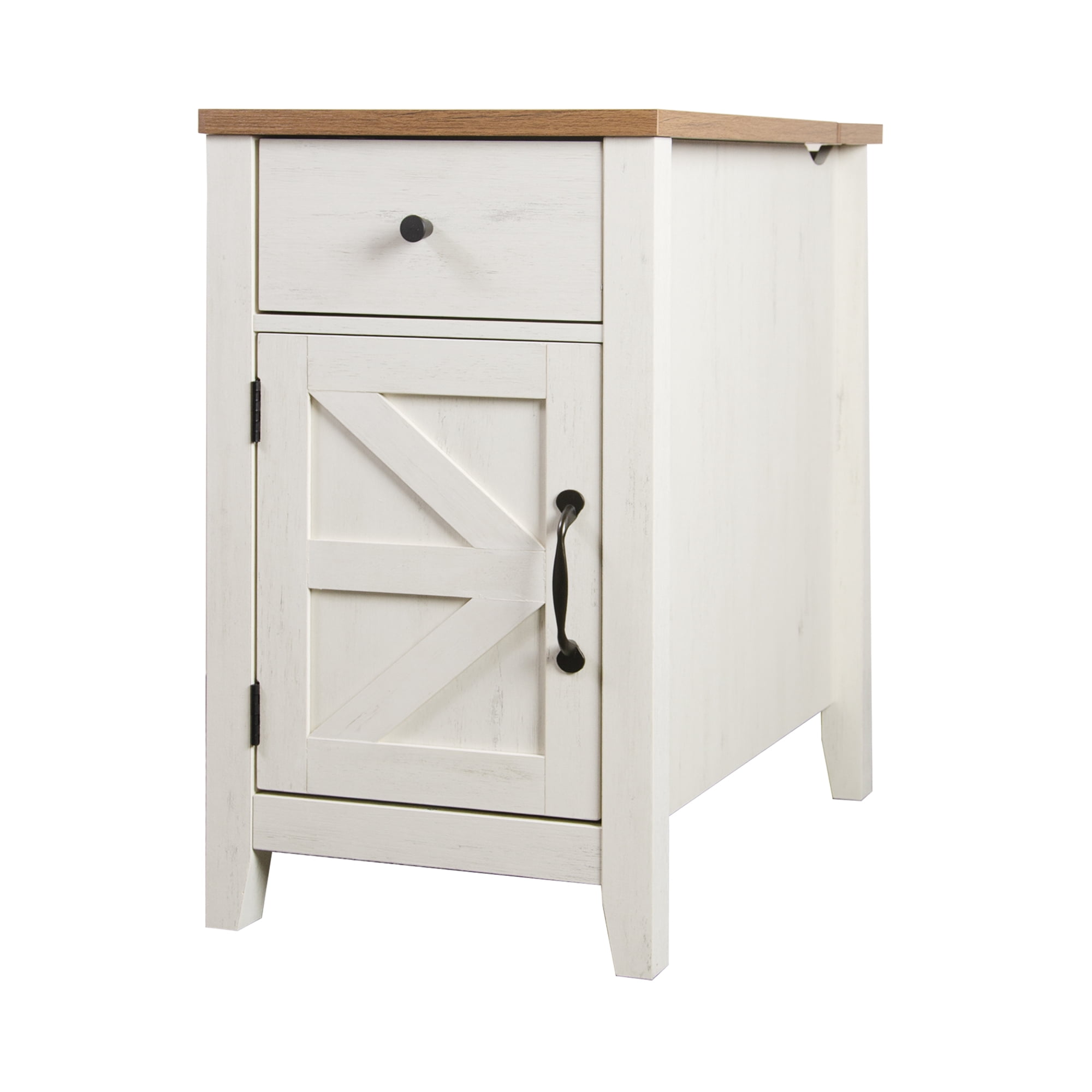 HOQBN Farmhouse End Table with Charging Station, Nightstand with Barn Door and Drawer, Bedside Table for Bedroom Living Room, Brown+White