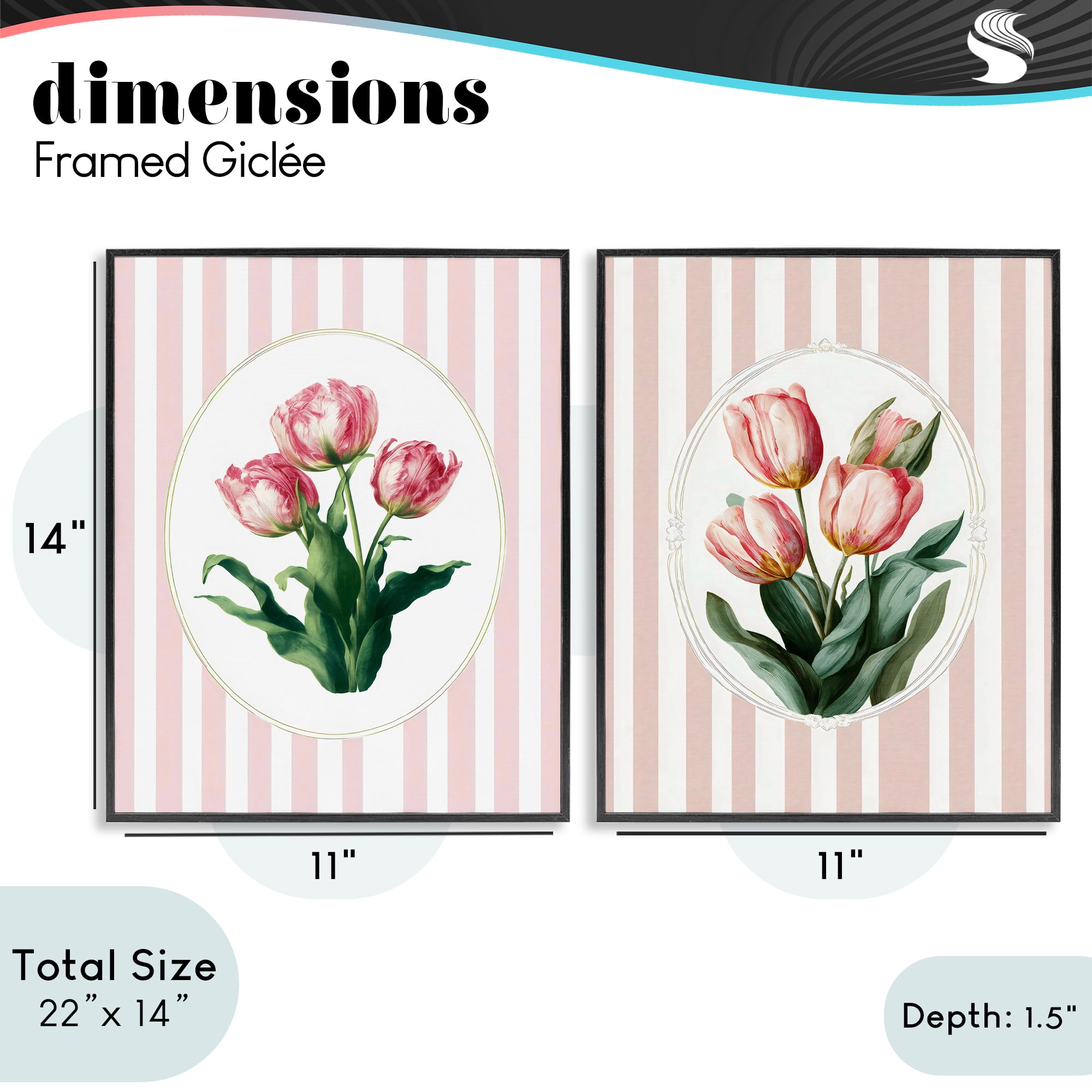 Stupell Industries Blush Tulips on Stripes 2 Piece Black Framed Giclee Art Set, design by Ink Drop Loft