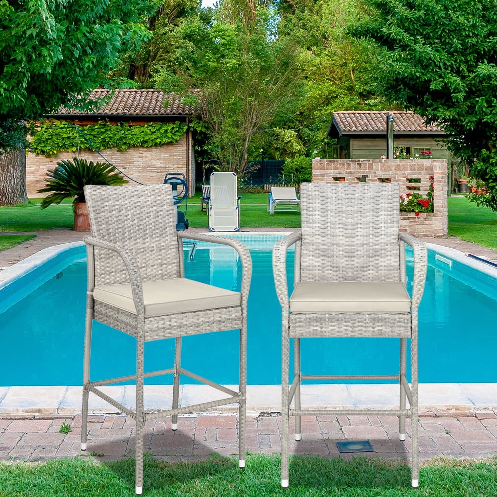 Set Of 2 Outdoor Patio Bar Stools All Weather Wicker Outdoor Furniture Chair With Cushions Wicker Rattan Bar Chairs Barstools With Footrest Steel Frame Patio Furniture Set For Garden Pool Q13137 Walmart Com