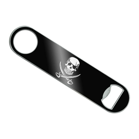 Pirate Skull Crossed Swords Tattoo Design Stainless Steel Vinyl Covered Flat Bartender Speed Bar Bottle Opener