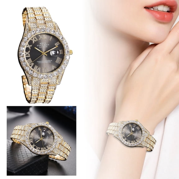 Men's Watch With Full Diamond Calendar Roman Numerals Alloy Steel Strap