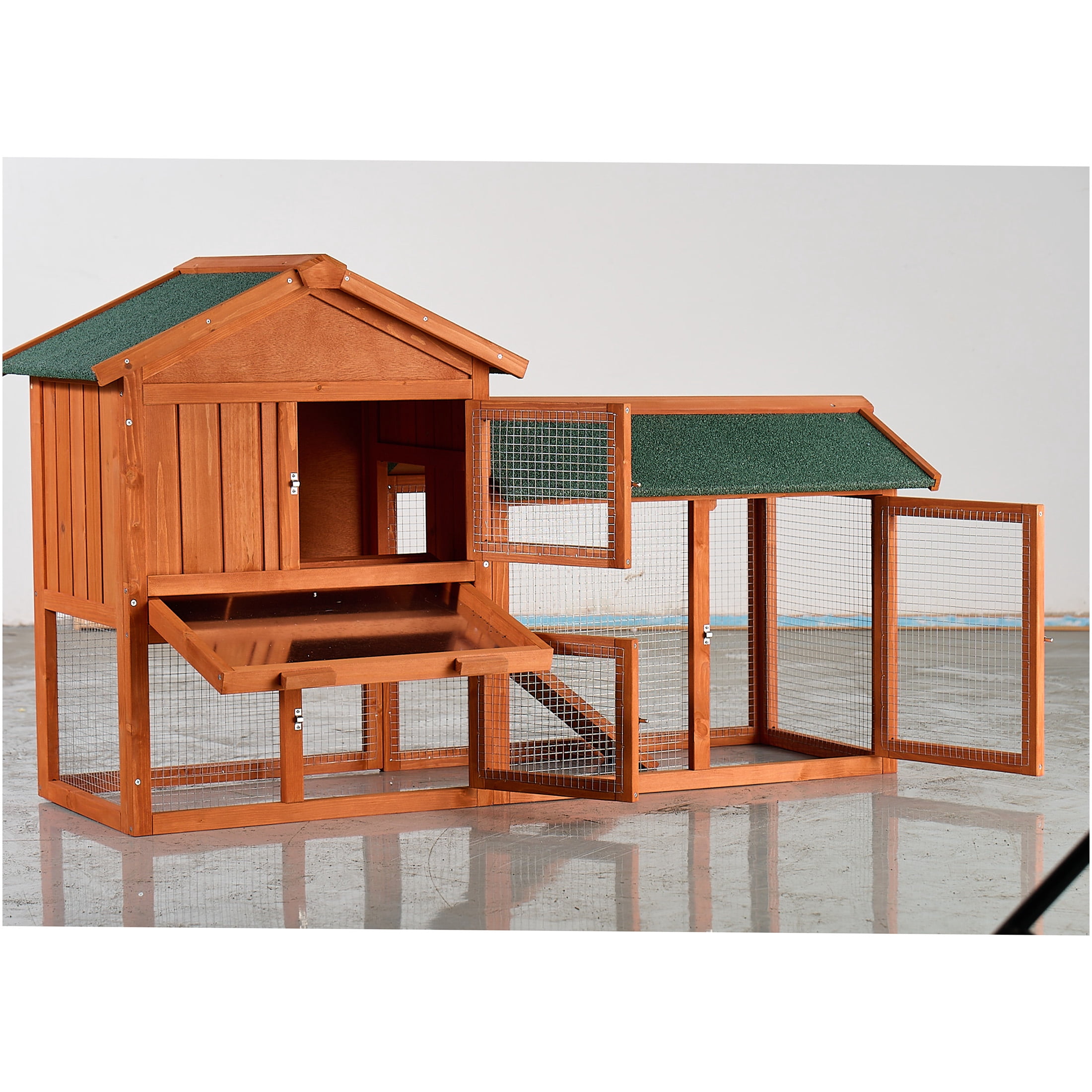 JERFIT Large Outdoor Rabbit Hutch with Waterproof Roof, 2-Story Wooden Bunny Cage with Pull-Out Tray, Ramp & Run for Rabbits, Guinea Pigs, Chickens