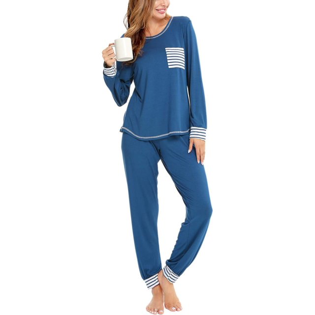 SWOMOG Ensemble de Pyjama pour Femmes, Haut à Manches Longues avec Pantalon, 2 Pcs, Vêtement de Nuit, Ensemble de Pyjama en Modal Doux