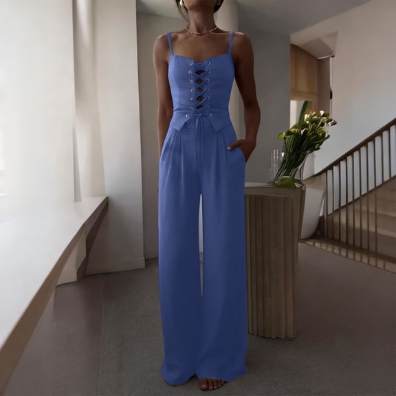 YueHuiYing Women's 2 Piece Outfit Thick Strap Button Front Tank Top with Wide Leg Pants Casual Outfit Sets