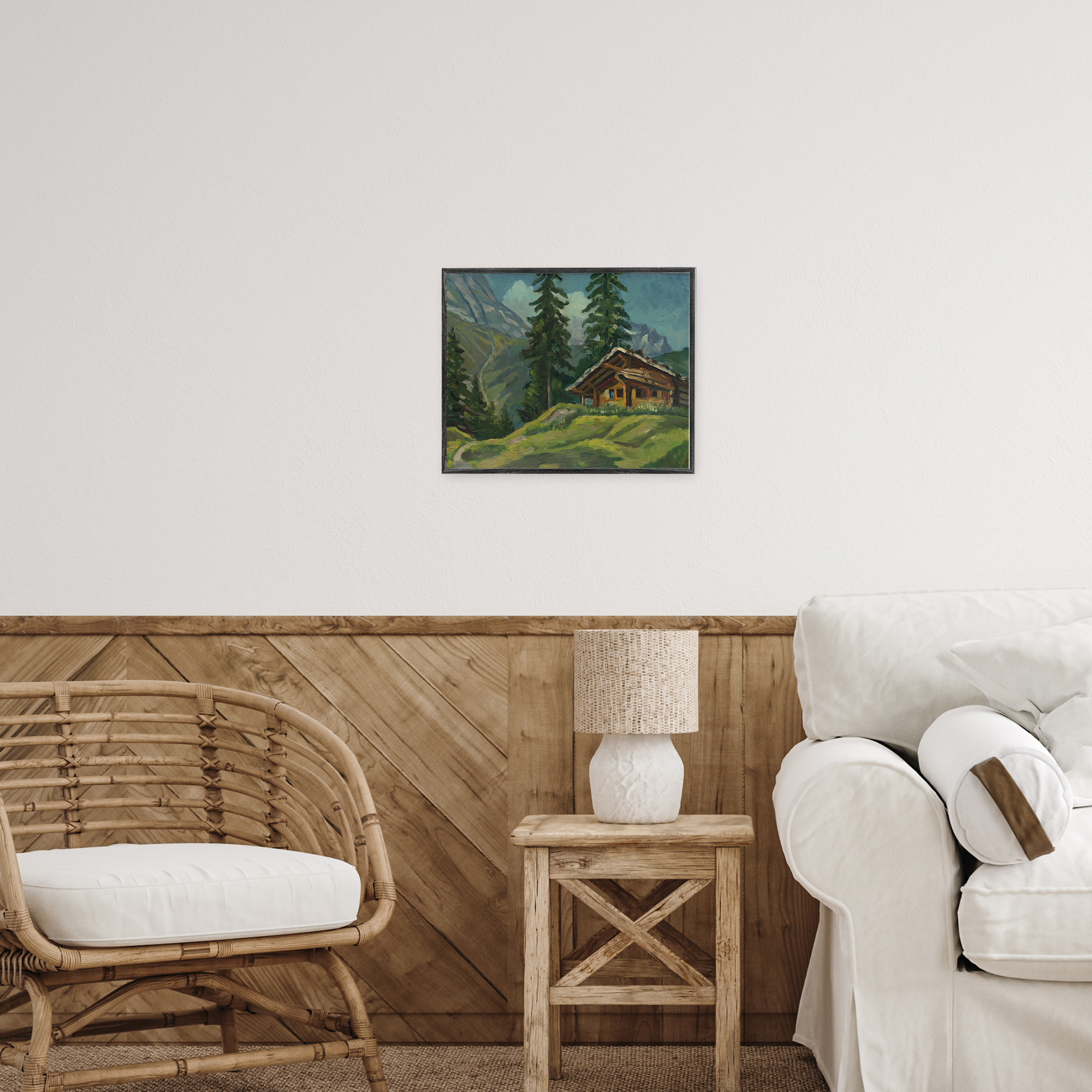 Cabin At Base Of Mountain White Framed Giclee Art, design by Lettered and Lined