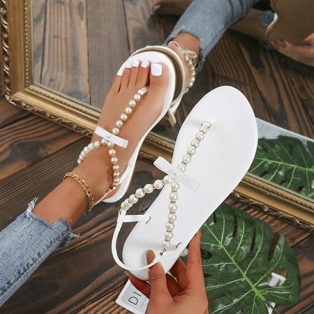 

cllios Sandals for Women Casual Clip-toe Thong Sandal Summer Beach Bohemia Pearls T-strap Flip Flops Sandals