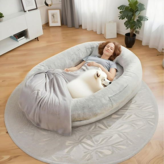 Extra Large Human Dog Bed for Adults & Pets, Faux Fur Orthopedic Lounger with Pillow & Blanket, Washable Nap Bed, Perfect Gift for Pet Lovers (68'' x 35'' x 14'')