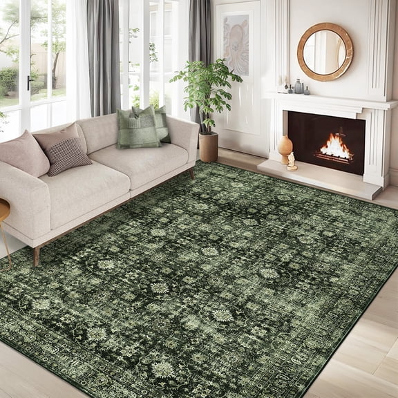 Vintage Area Rug 5' x 7' Washable Floral Print Indoor Carpet with Non-Slip Backing, Distressed Low Pile Floor Cover, Stain-Resistant Traditional Accent Rug for Living Room, Bedroom