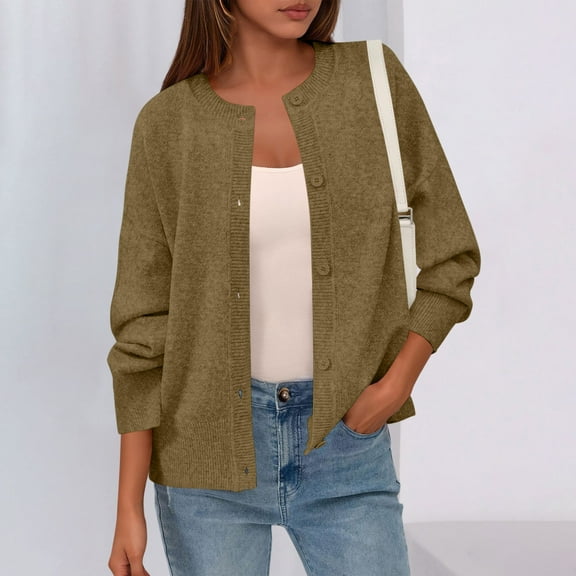 Womens Button Down Cardigan Knit Solid Color Long Sleeve Coat Sweater Cardigan Army Green Free Size
