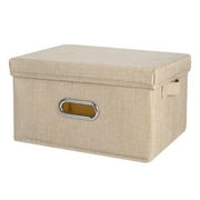 Collapsible Fabric Storage Bin With Handle Lid Foldable Box Linen Large Container Organizer For Home Clothes Storage, Khaki