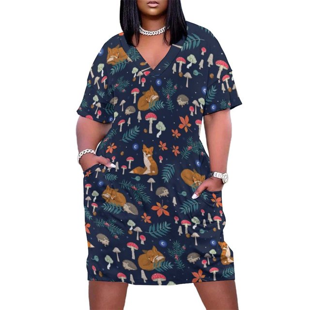 Vestido suelto con bolsos para mujer traje de boda de hibernación animales del bosque y setas en verano azul