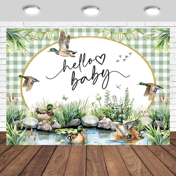 Mallard Duck Baby Shower Backdrop Hello Baby Mallard Duck Background Green Water Meadow Plants Newborn Birthday Party Decorations Banner Photo Studio Props