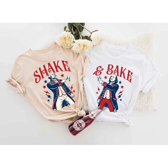 Funny Shake and Bake Couples 4th of July Shirts - Founding Fathers Matching Tees for Husband Wife Independence Day Memorial Day Gift