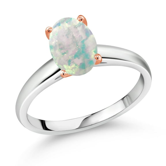 Gem Stone King 1.00 Ct Oval Cabochon White Simulated Opal 10K White and Rose Gold Ring (Size 8)
